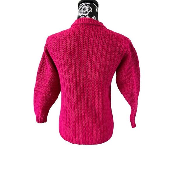 Handmade Crochet Knit Button Front Cardigan Sweater Hot Pink Heavyweight Winter - Picture 2 of 12
